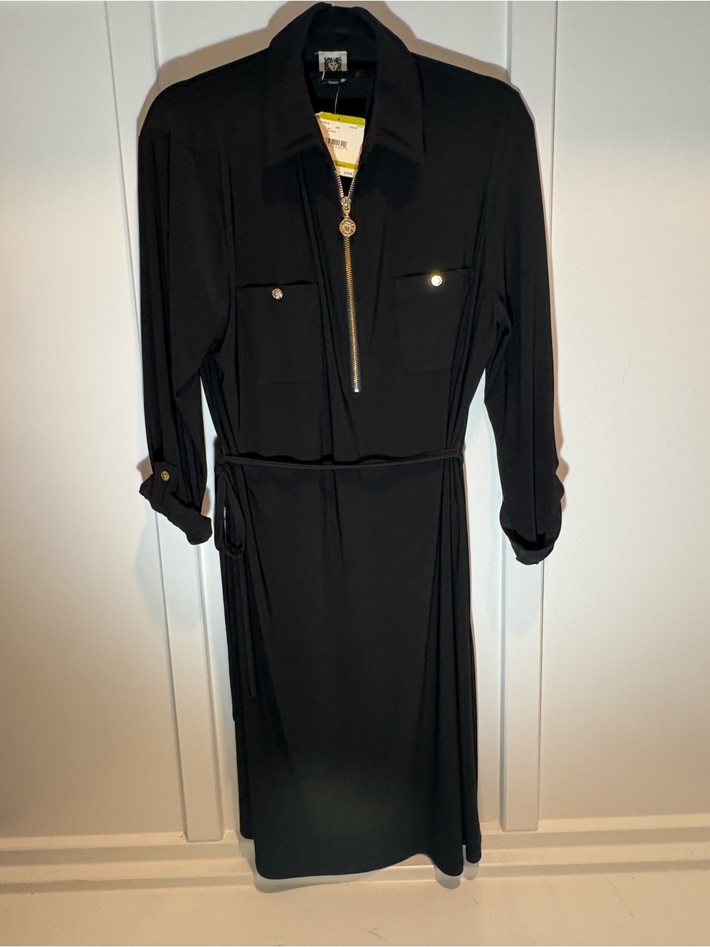 Anne Klein Black Zip-Front Shirt Dress with Waist Tie